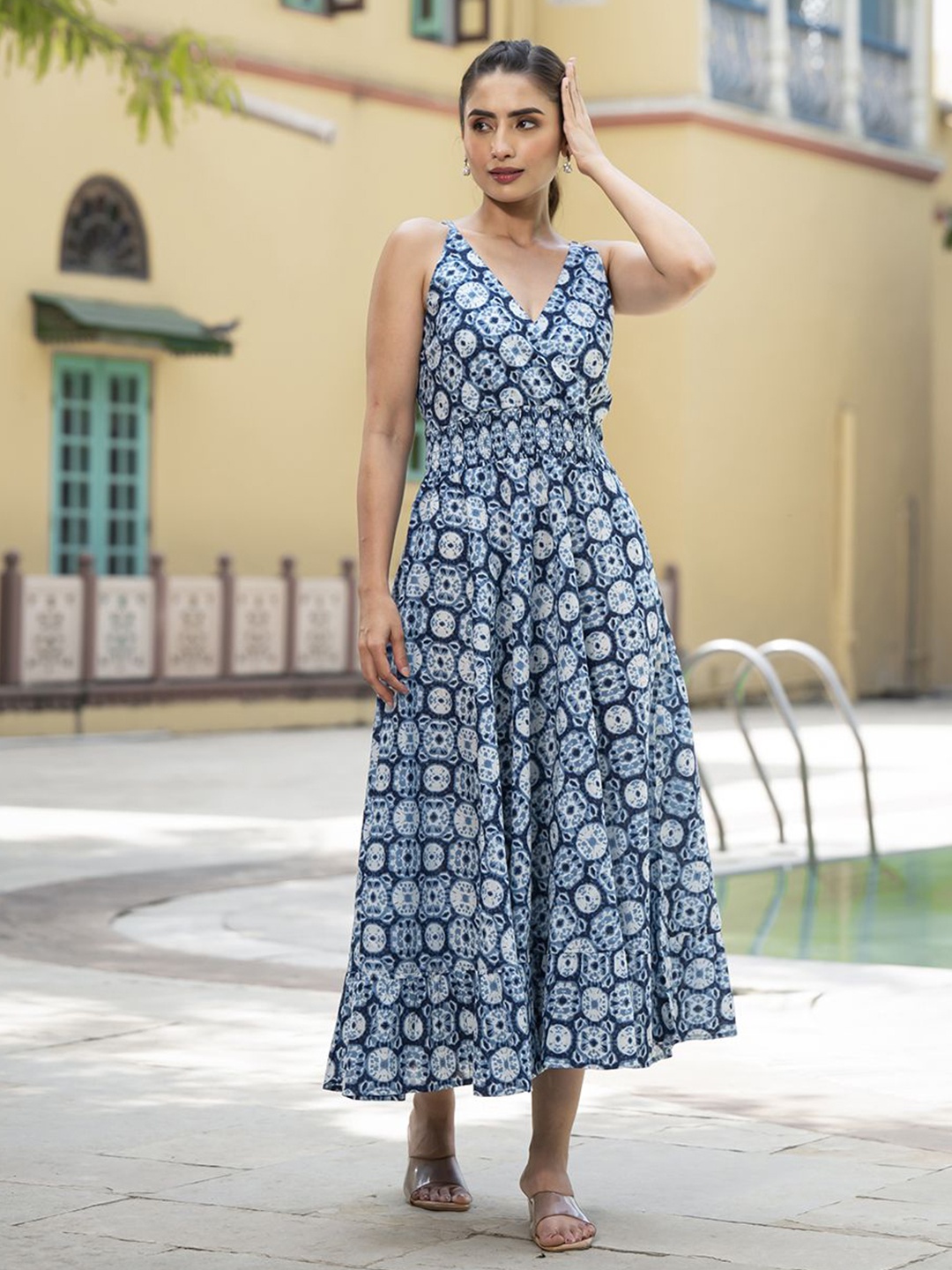 

KALINI Women Abstract Printed Cotton A-Line Midi Dress, Blue