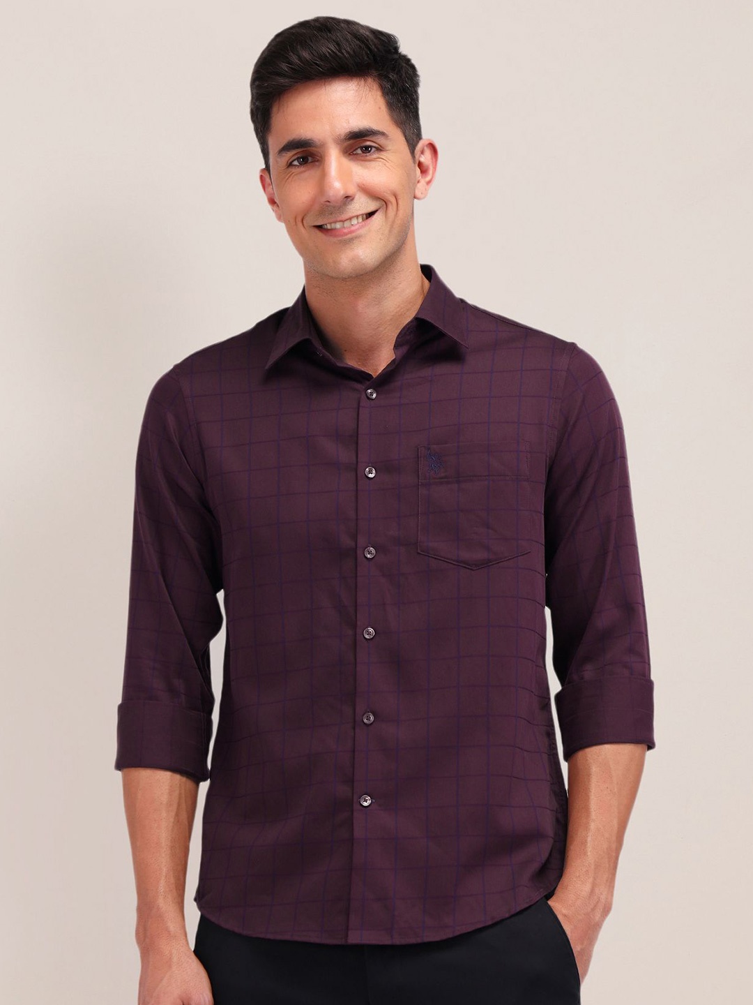 

U.S. Polo Assn. Men Manhattan Spread Collar Checks Printed Cotton Slim Fit Casual Shirt, Purple