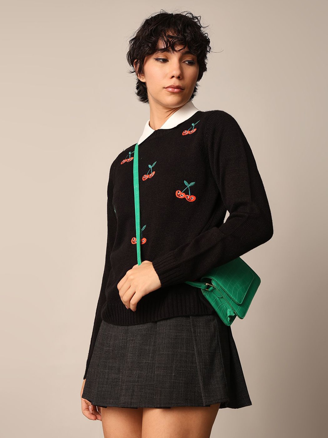 

ONLY Women Embroidered Pullover with Fuzzy Detail, Black