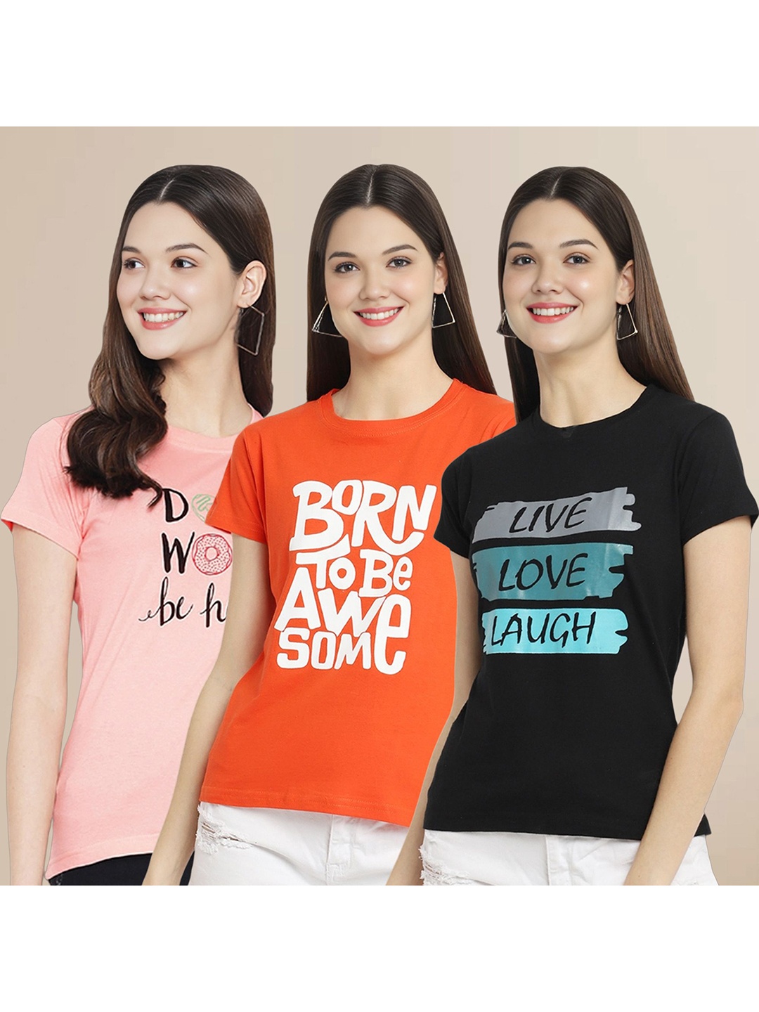 

Metronaut Women Pack Of 3 Typography Printed Round Neck Cotton T-shirts, Peach