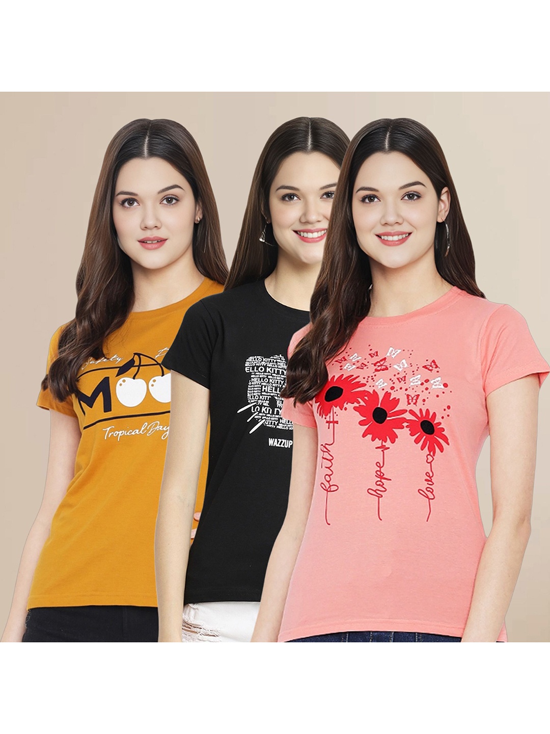 

Metronaut Women Pack Of 3 Typography Printed Round Neck Cotton T-shirts, Mustard