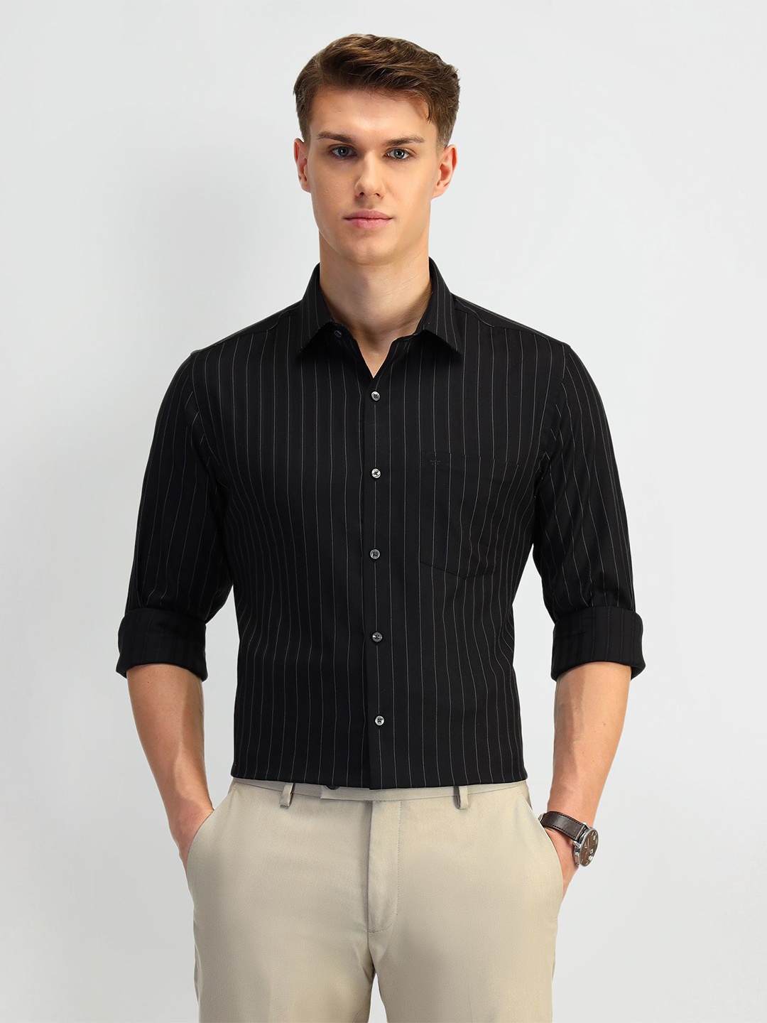 

Arrow Men Classic Spread Collar Vertical Striped Cotton Formal Shirt, Black