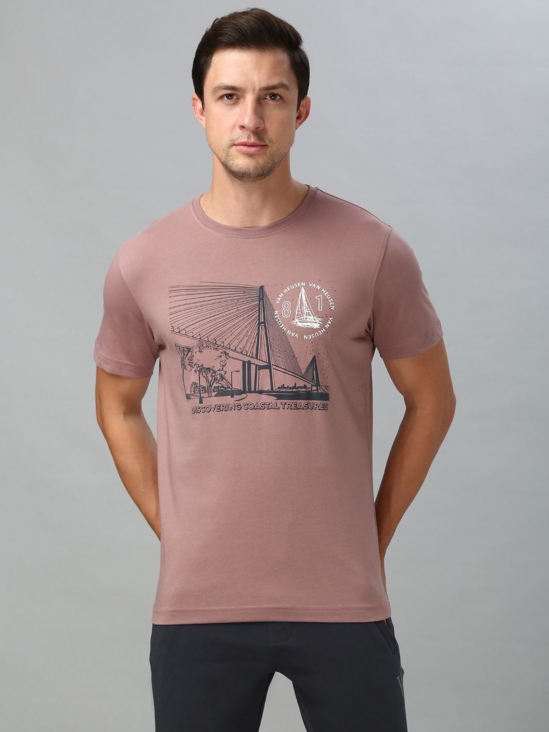 

Van Heusen Men Graphic Printed Round Neck Cotton T-shirt, Mauve