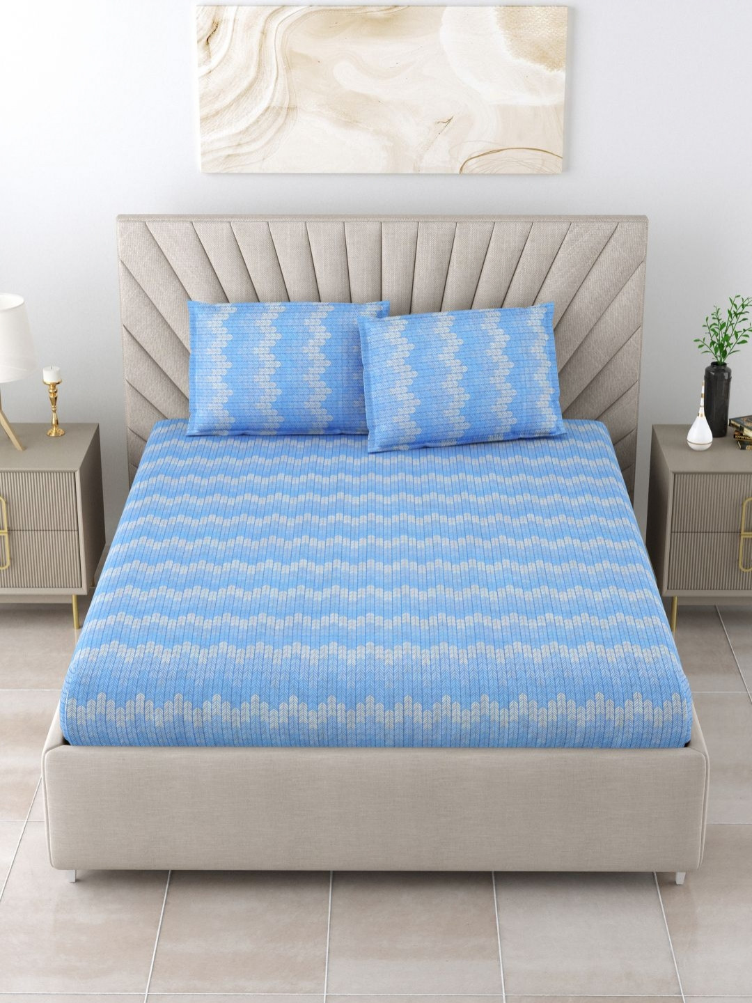 

BOMBAY DYEING Florentine Blue Floral Cotton 144 TC Queen Bedsheet Set 2.28 m x 2.54 m