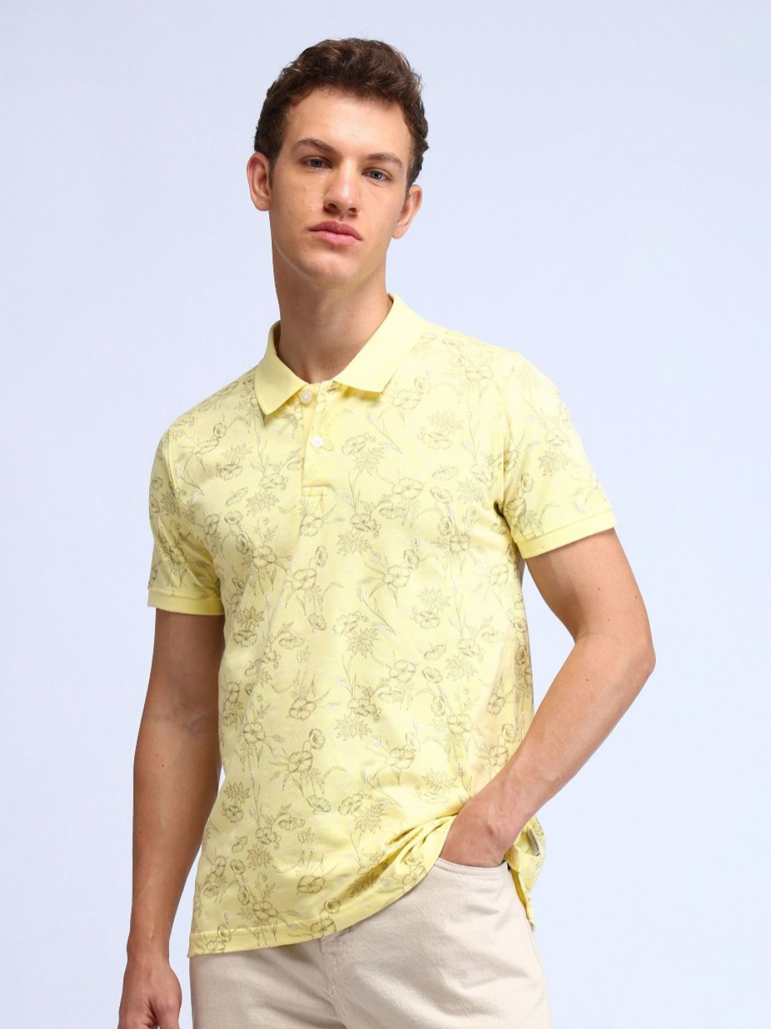 

Flying Machine Men Floral Printed Polo Collar Cotton T-shirt, Yellow