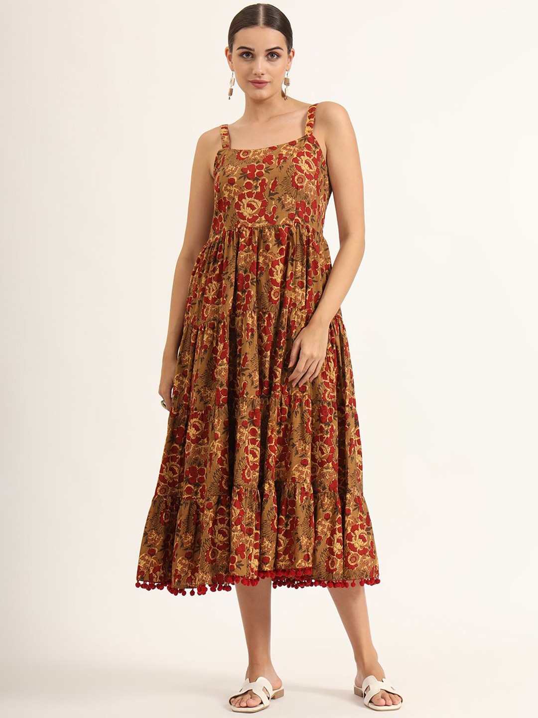 

KALINI Women Pure Cotton Shoulder Straps Floral Printed Fit & Flare Midi Dress, Brown