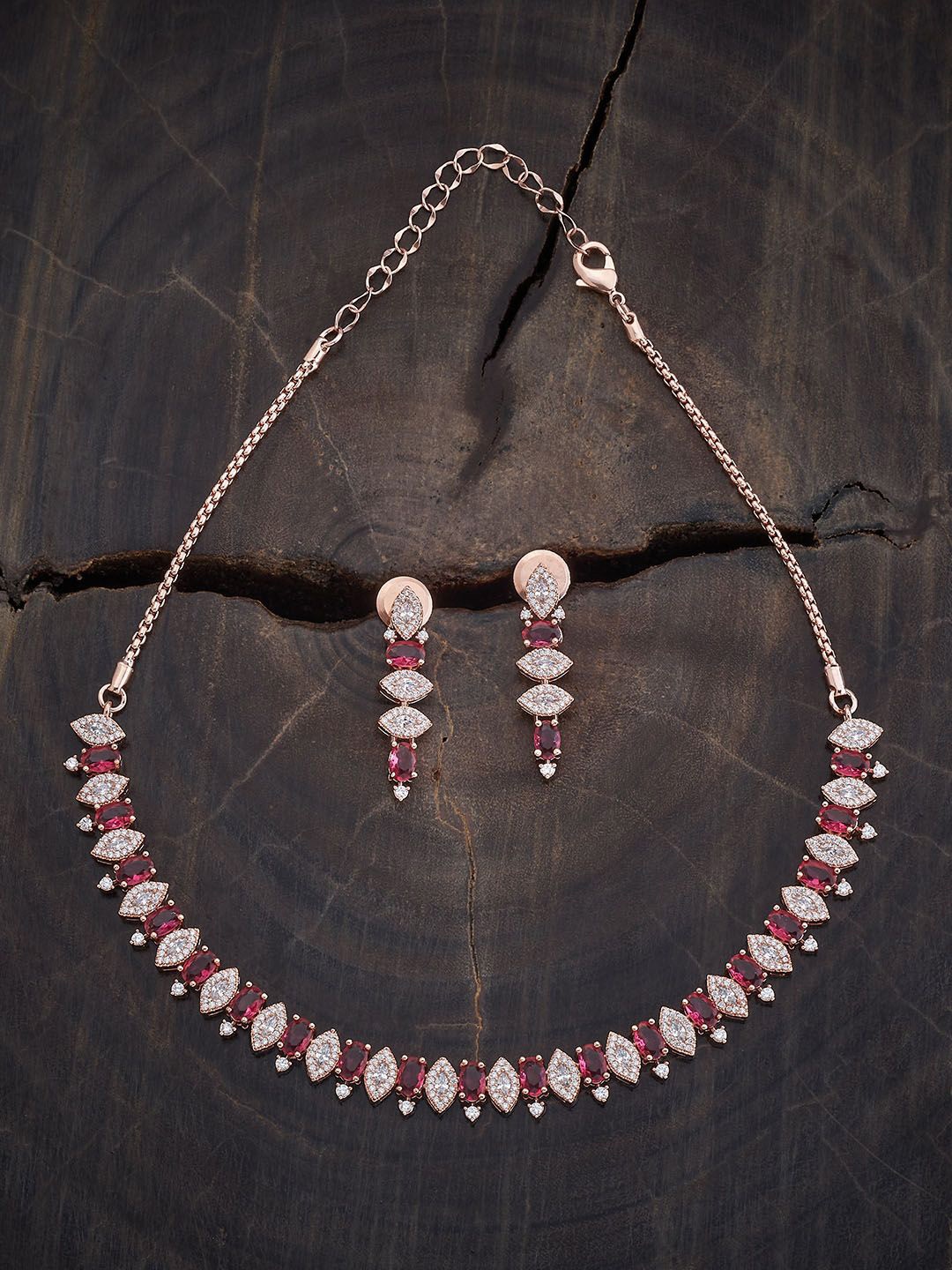 

Kushal's Fashion Jewellery Rose Gold Plated CZ Stone Studded Necklace & Earrings