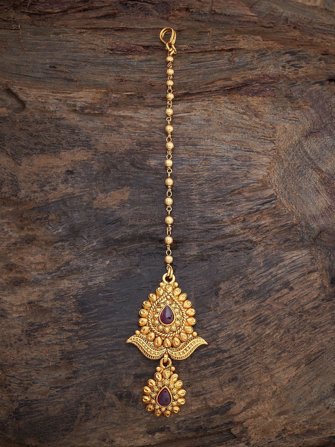 

Kushal's Fashion Jewellery Gold-Plated Ruby Stones Studded Antique Maang Tikka