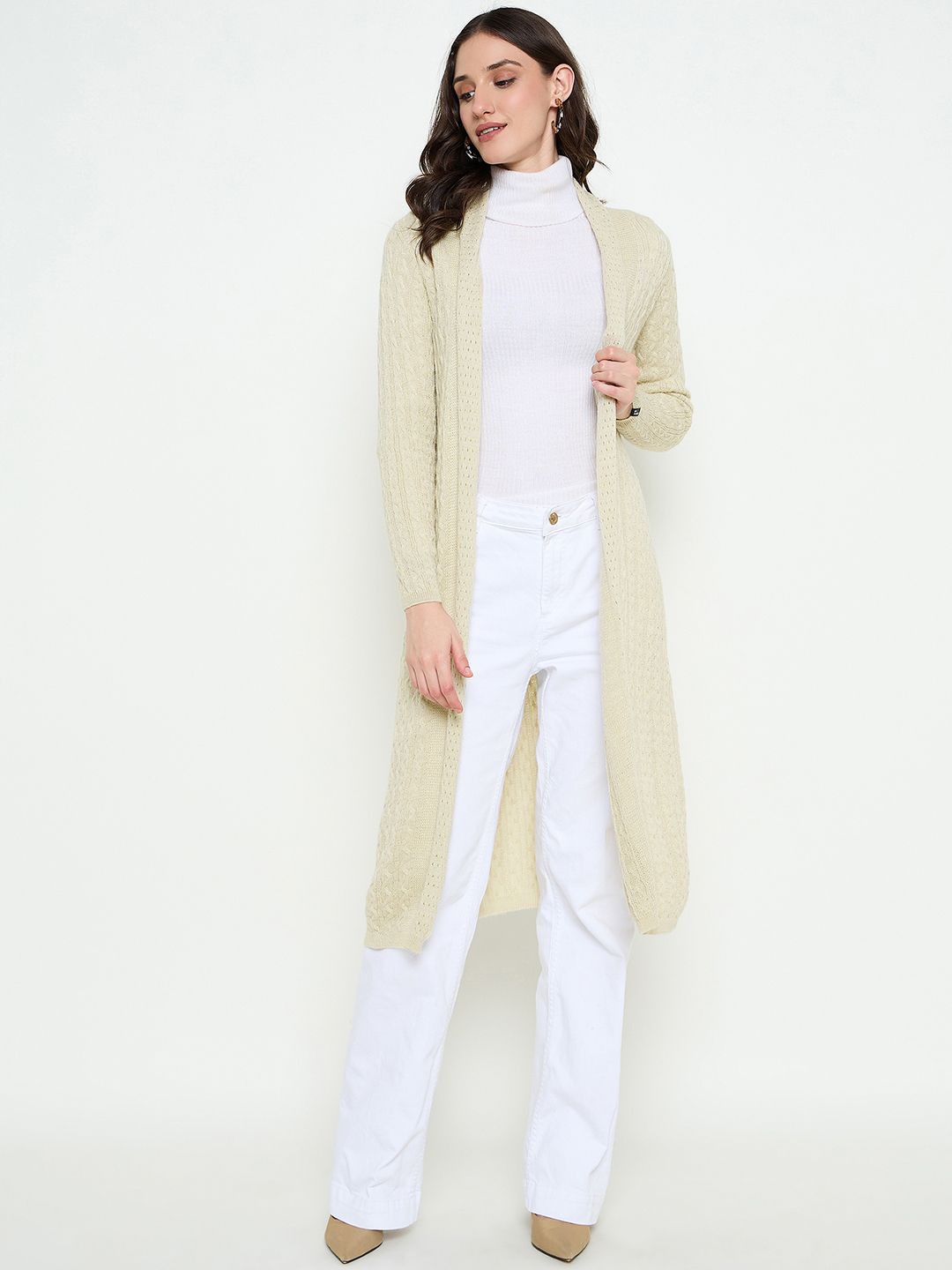 

CREATIVE LINE Cable Knit Self Design Longline Woollen Open Front Shrug, Beige