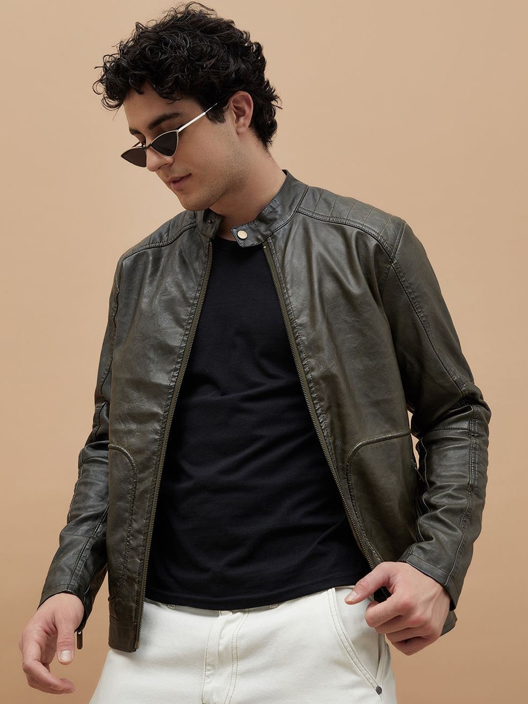 

Forca Men Mandarin Collar Solid Casual Leather Jacket, Olive