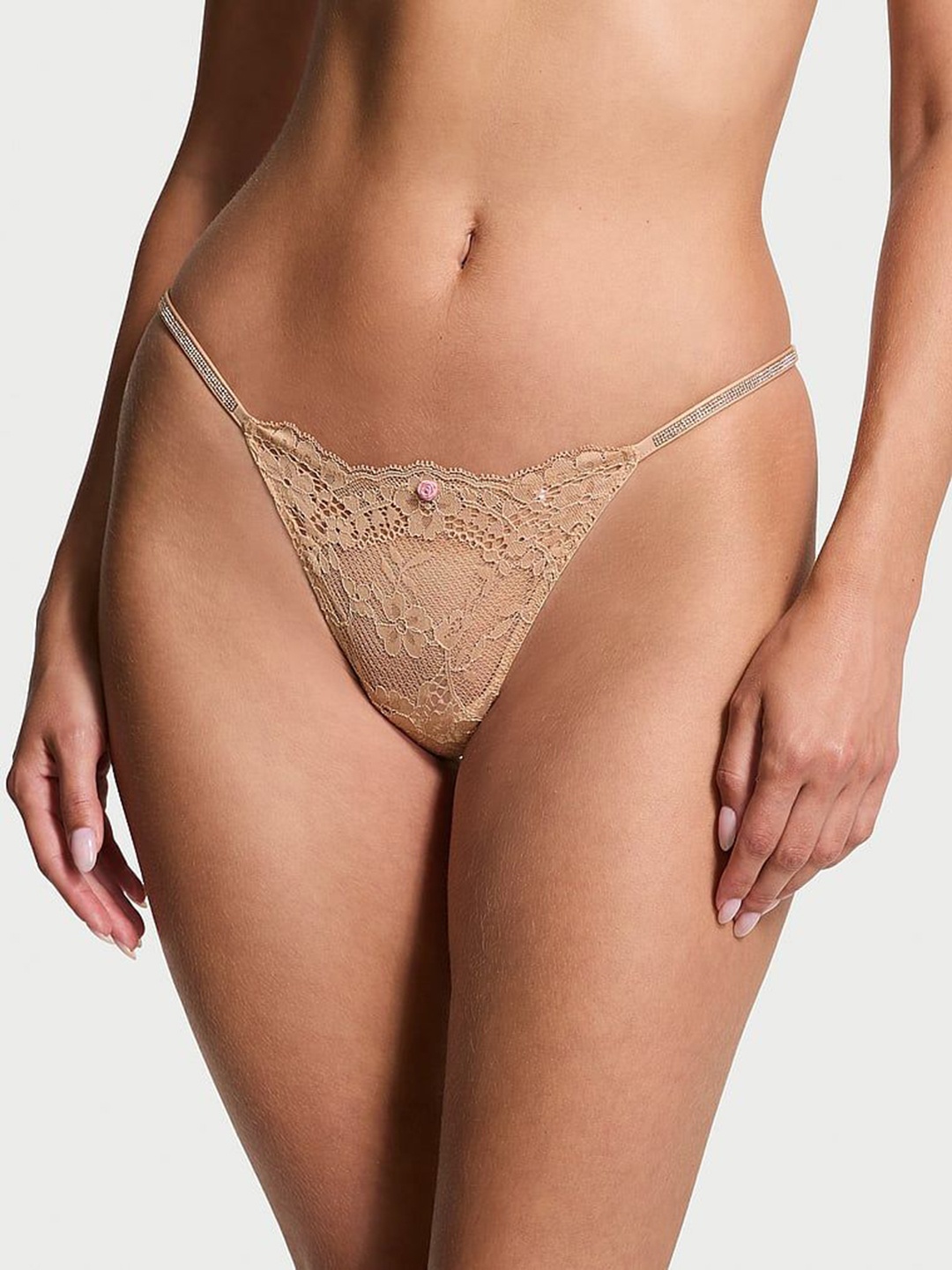 

Victoria's Secret Women Self Design Twinkle Strap Lace V-String Panty 1125095865H8, Beige