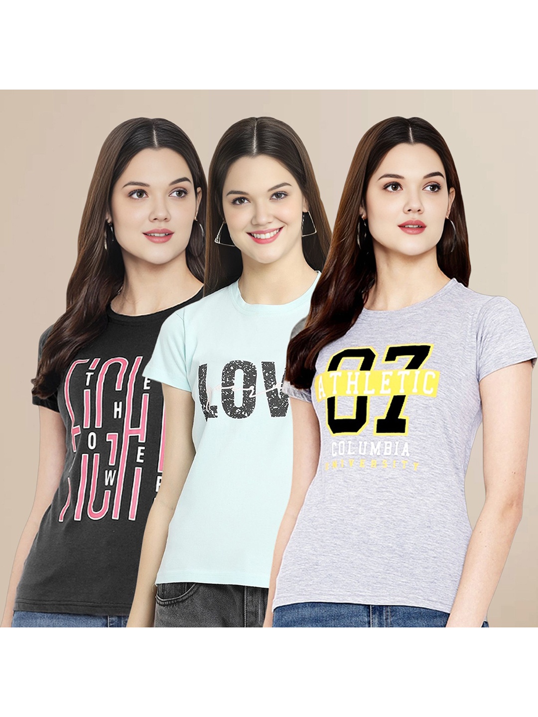 

Metronaut Women Pack Of 3 Typography Printed Round Neck Cotton T-shirts, Black