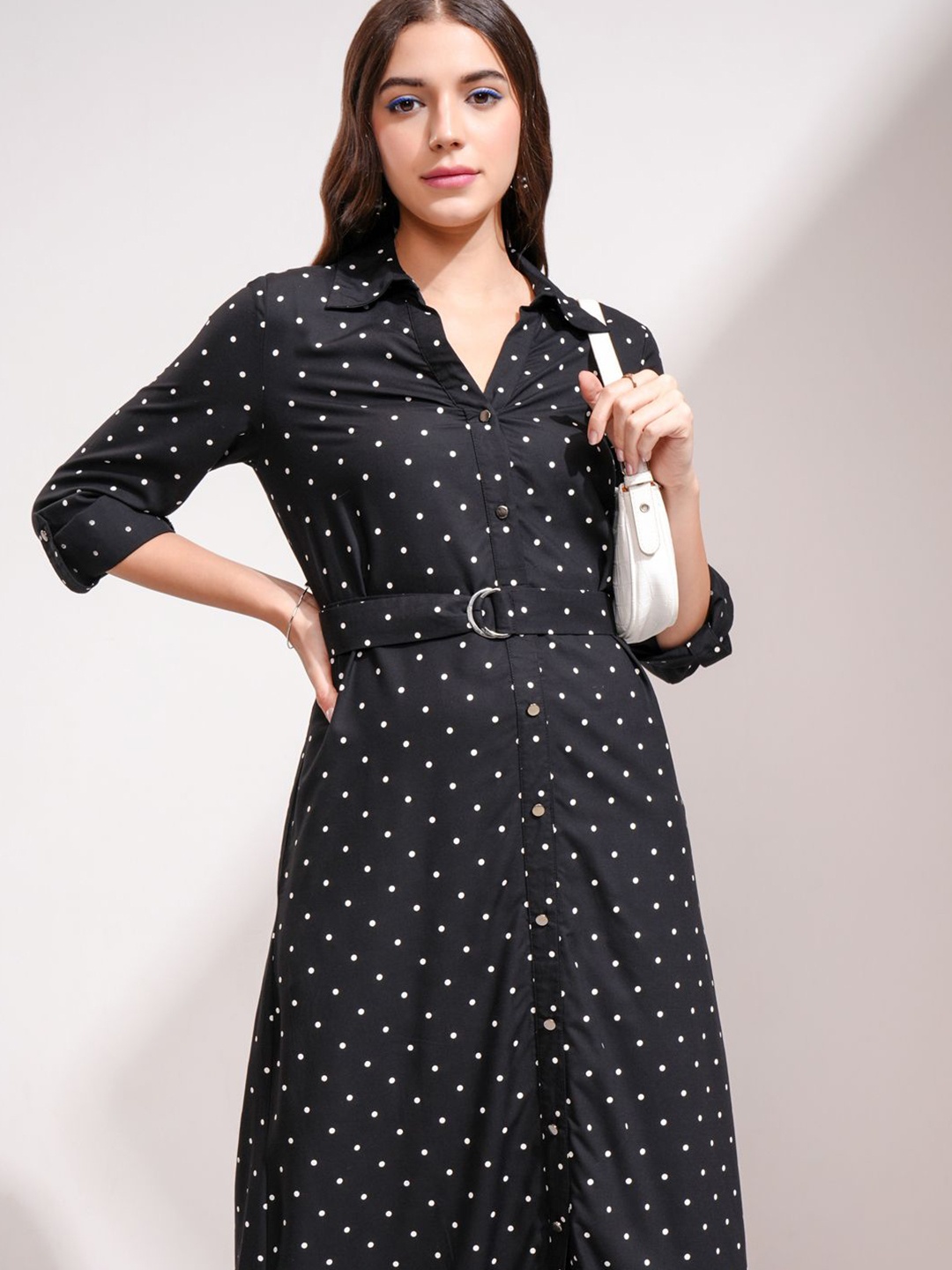 

Tokyo Talkies Women Polka Dot Shirt Collar Three-Quarter Sleeves Printed Shirt Midi Dress, Black