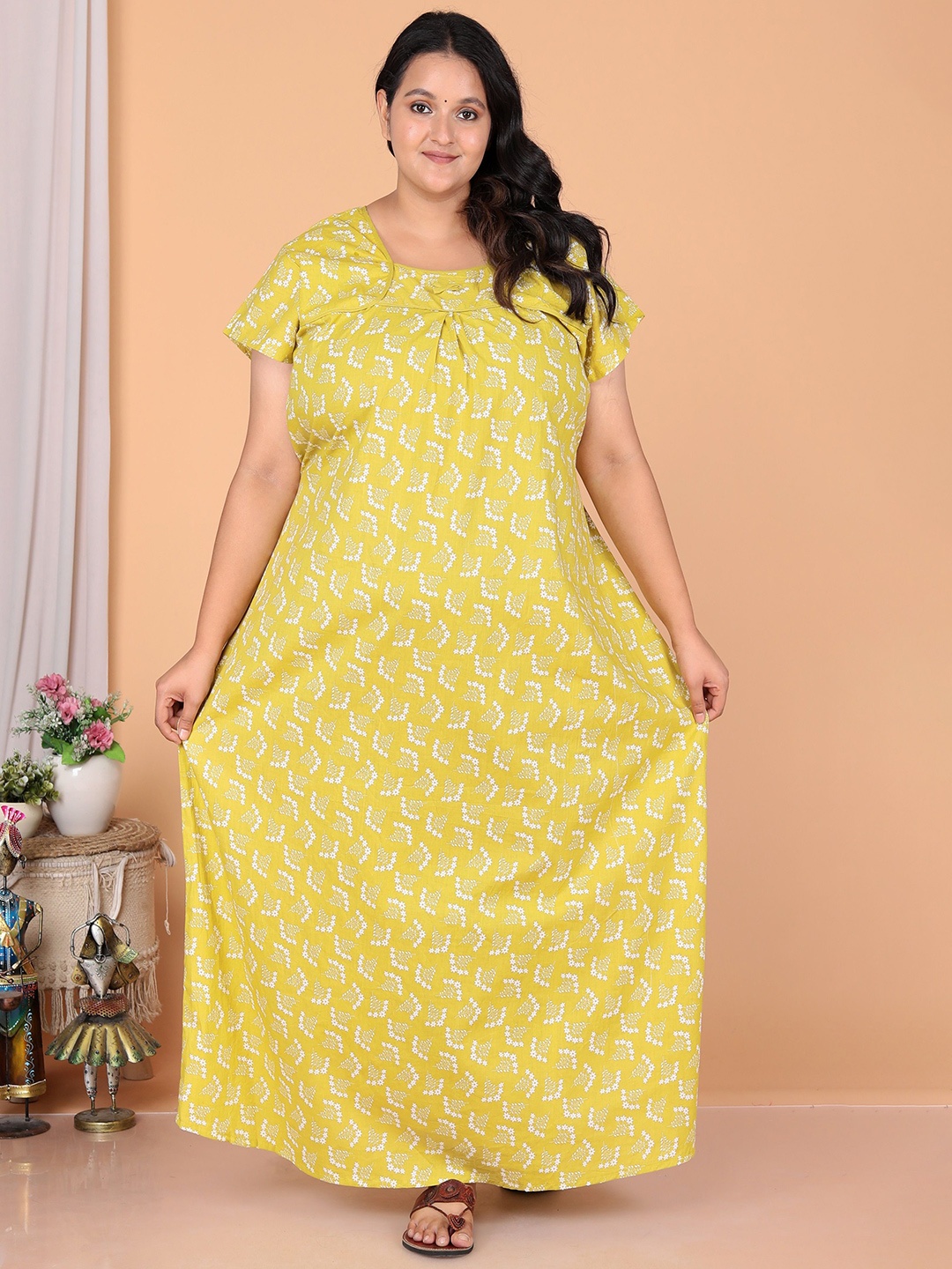 

SP DESIGNS Women Floral Printed Plus Size Pure Cotton Maxi Nightdress, Yellow
