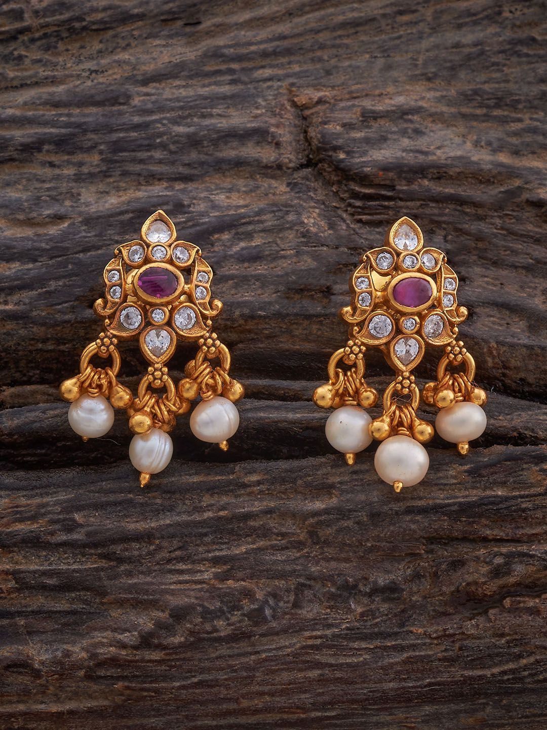 

Kushal's Fashion Jewellery 92.5 Pure Silver Gold-Plated Ruby & CZ Studded Temple Studs