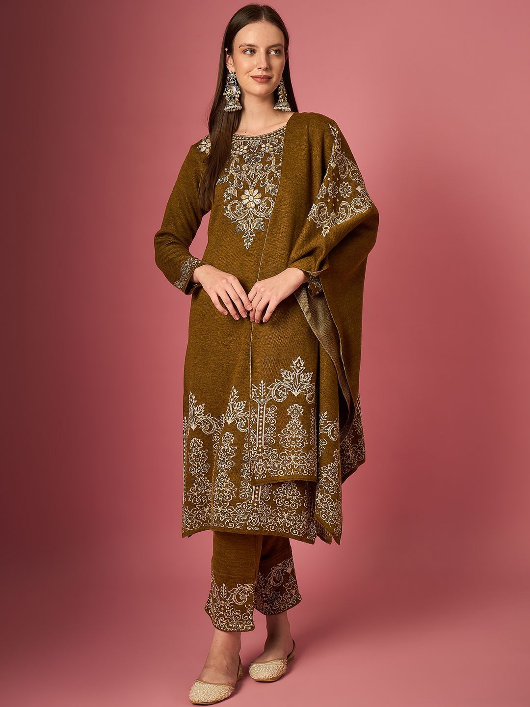 

CLAPTON Floral Woven Design Round Neck Beads Work Kurta With Trouser With Dupatta, Mustard