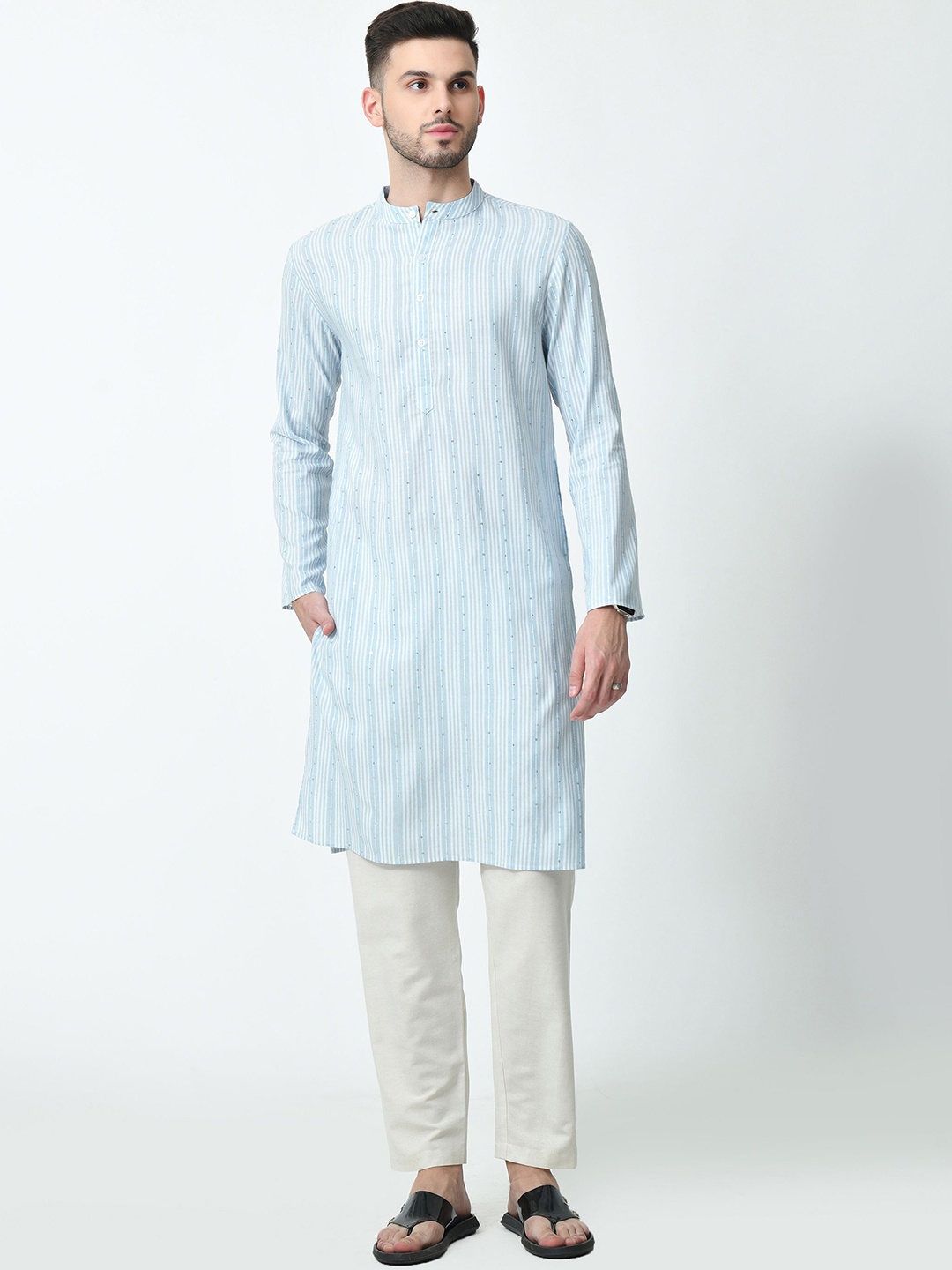 

AMBI Striped Band Collar Long Sleeves Regular Sequinned Straight Kurta, Blue