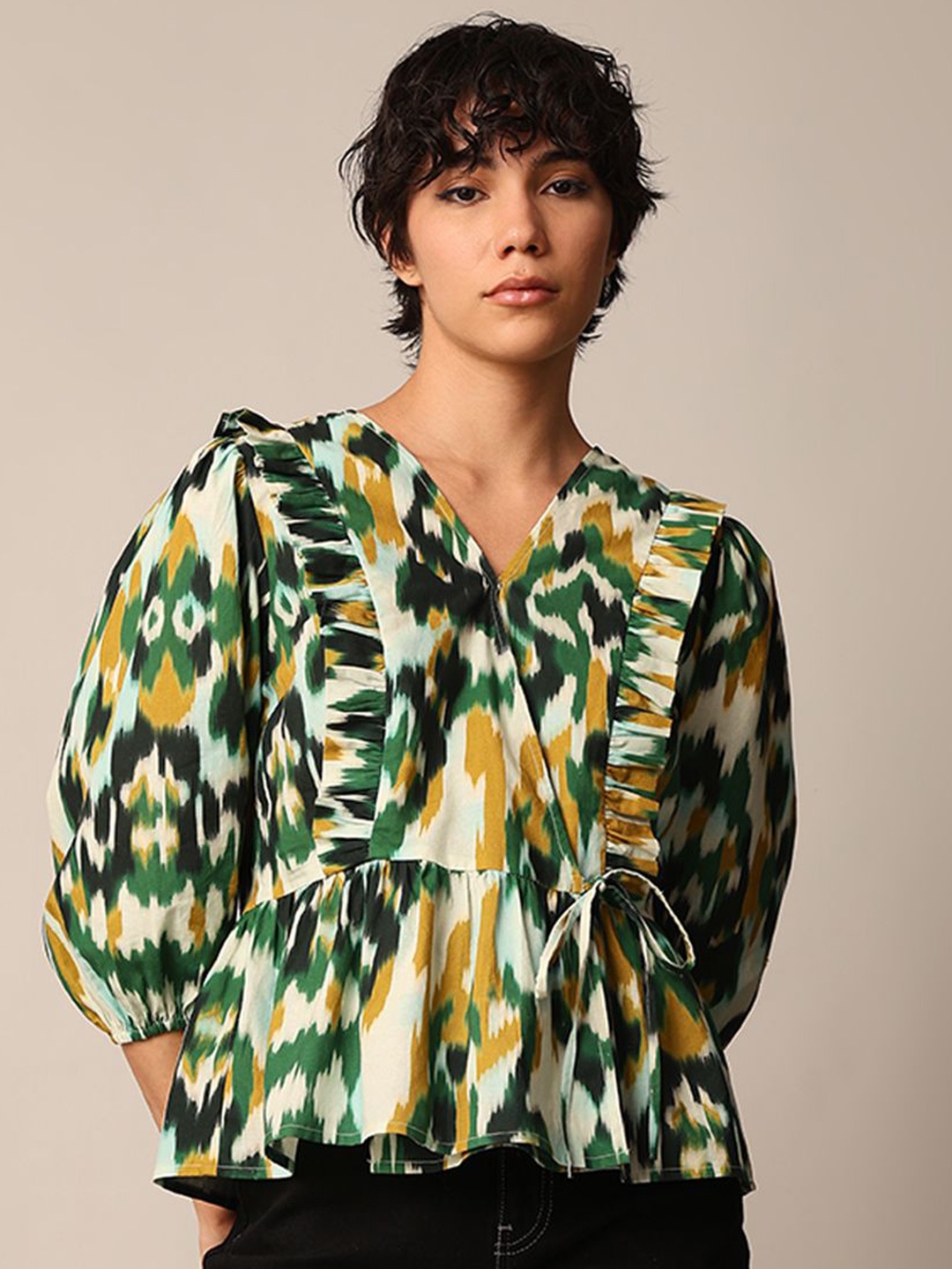 

ONLY Women Printed Puff Sleeve Cotton Peplum Top, Green