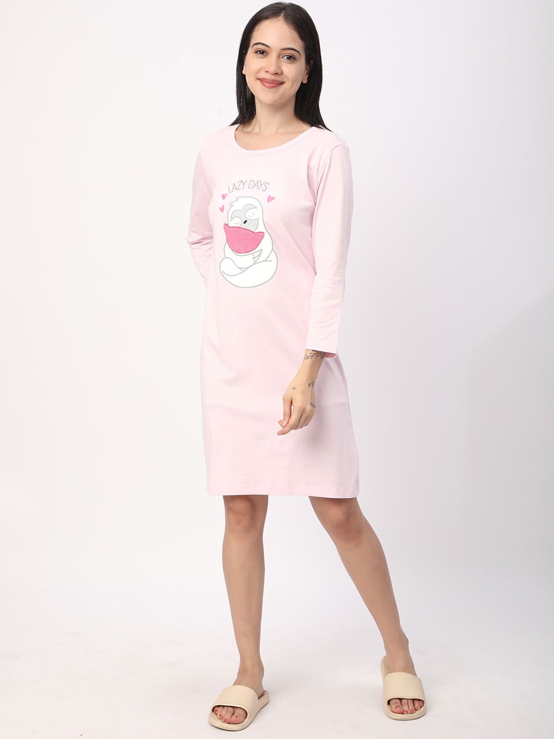

R&B Women Graphic Printed Knee Length Nightdress, Pink
