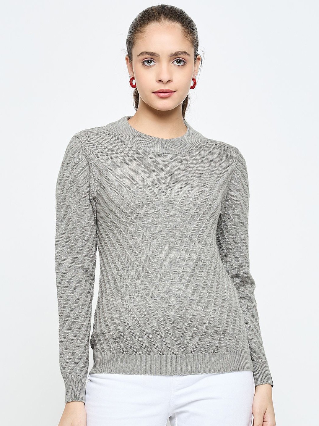 

CREATIVE LINE Women Woollen Self Desgin Knitted Top, Grey