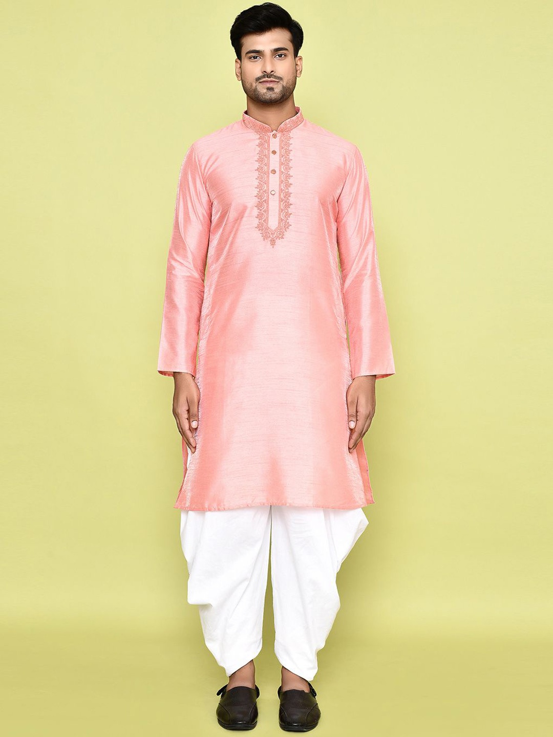 

Arihant Rai Sinha Mandarin Collar Long Sleeves Regular Dupion Silk Kurta With Patiala, Pink