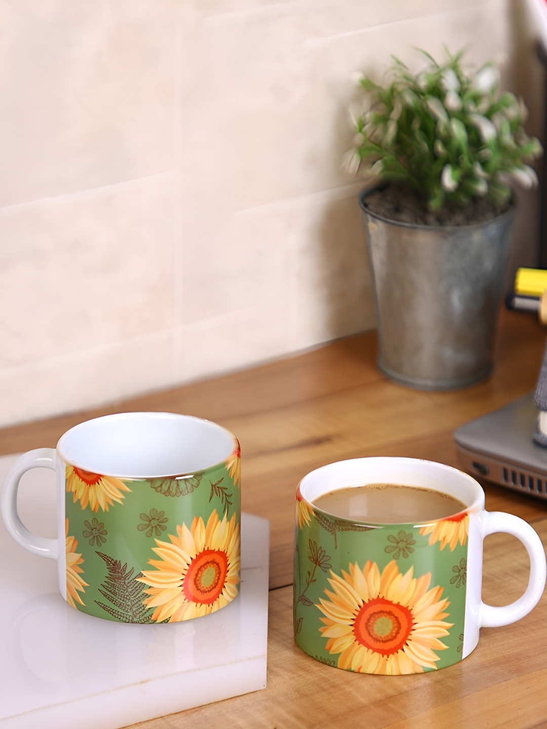 

PENTADECO White & Green 2 Pieces Floral Printed Ceramic Glossy Mugs