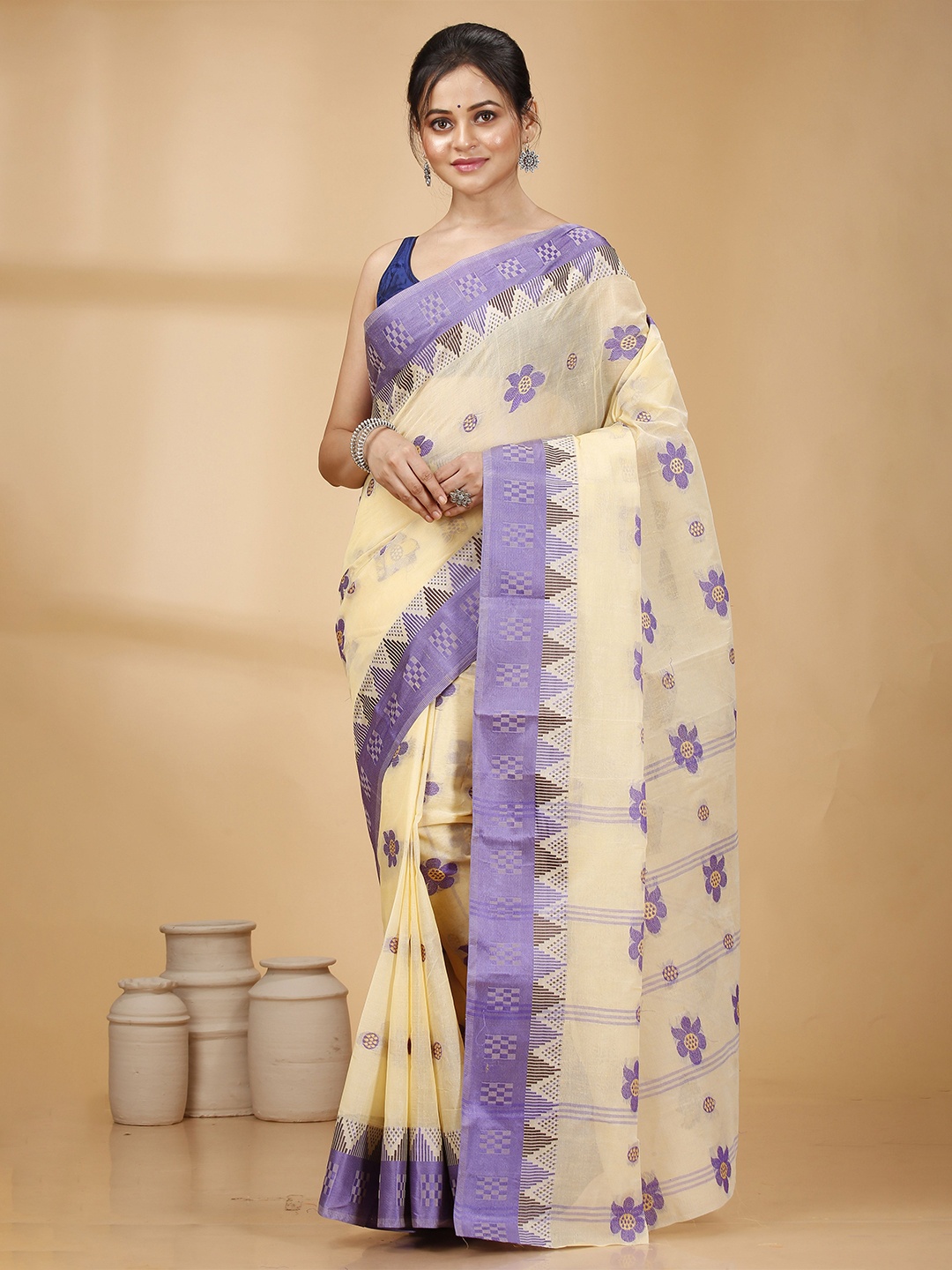 

Ruuprekha Woven Design Pure Cotton Heavy Work Taant Saree, Purple