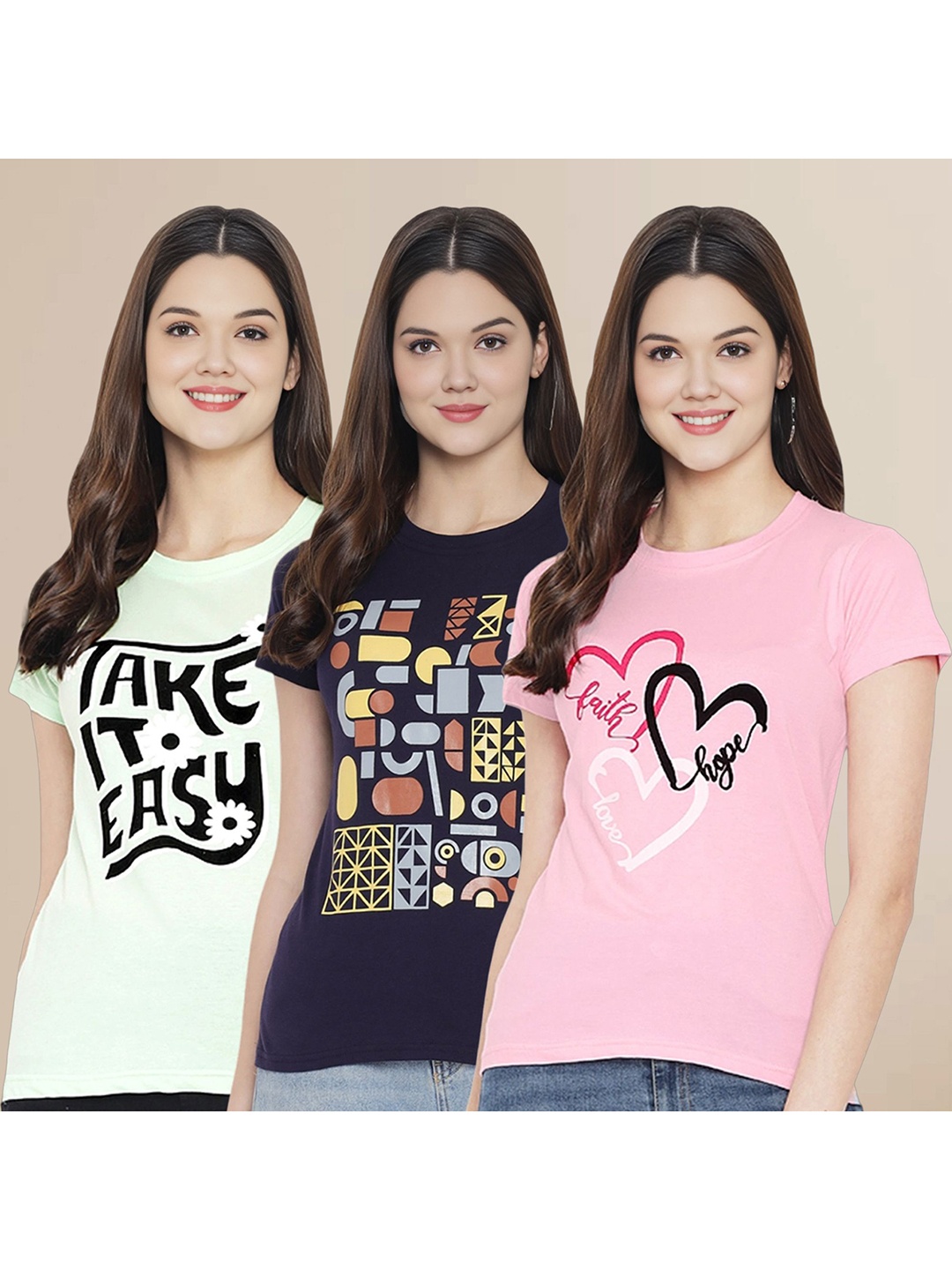 

Metronaut Women Pack Of 3 Typography Printed Round Neck Cotton T-shirts, Lime green