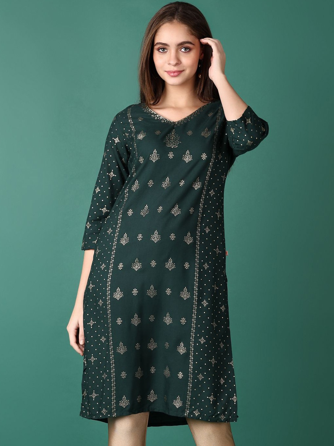 

V-Mart Ethnic Printed V-Neck Three-Quarter Sleeves Regular Straight Kurta, Teal