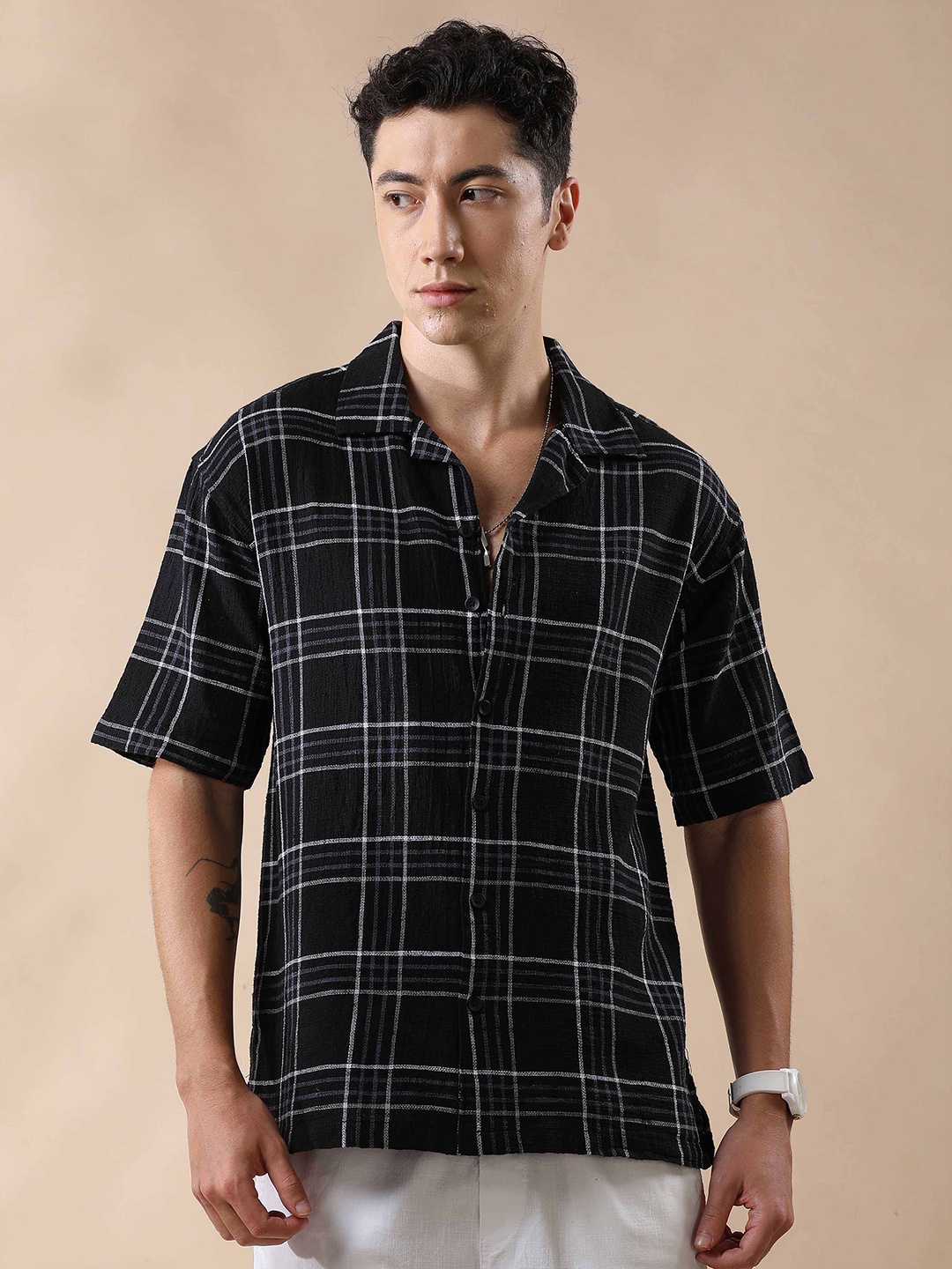 

HOUSE OF MAHNOTS Men Relaxed Opaque Checked Casual Shirt, Black