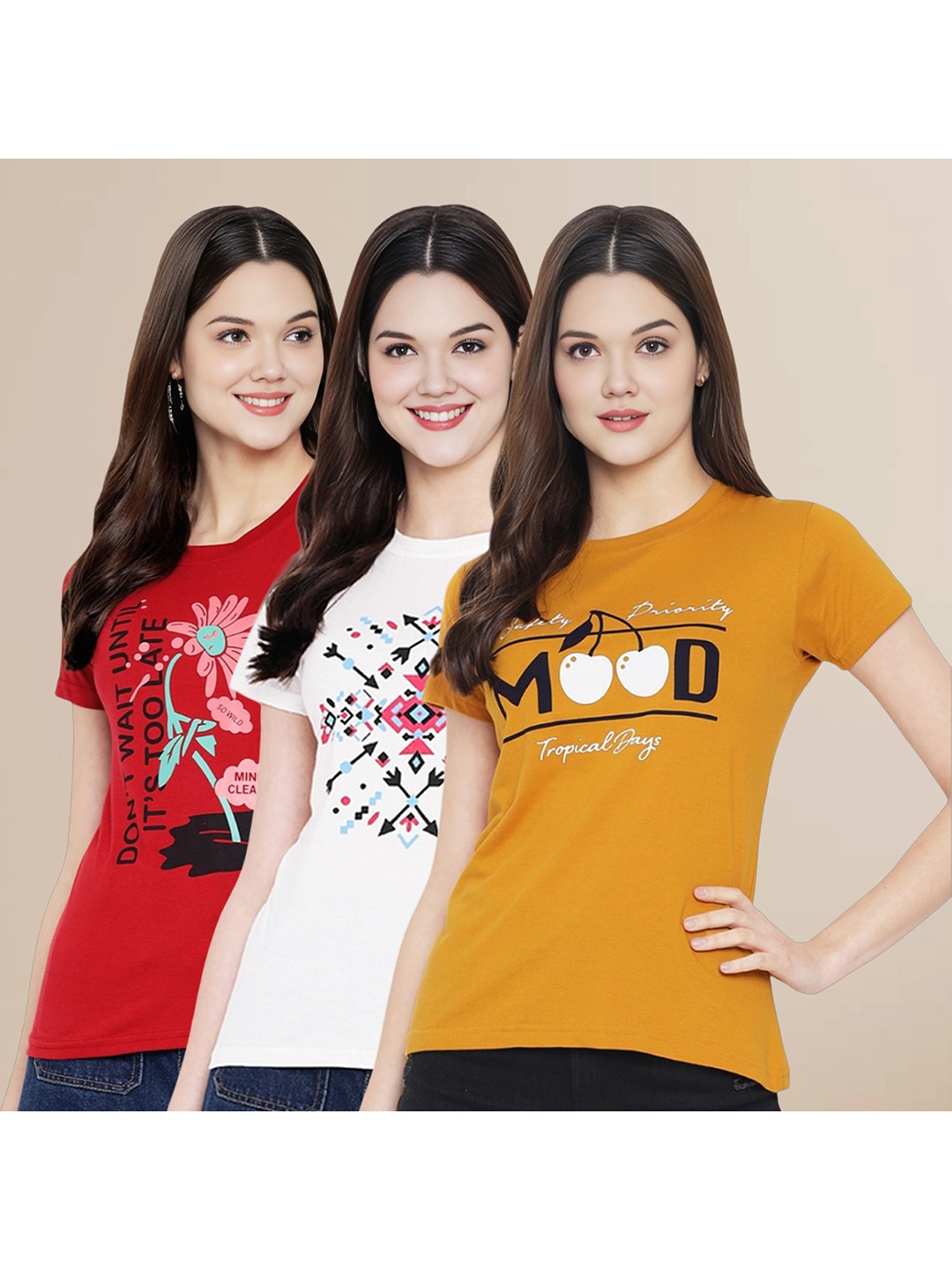 

Metronaut Women Pack Of 3 Typography Printed Round Neck Cotton T-shirts, Red