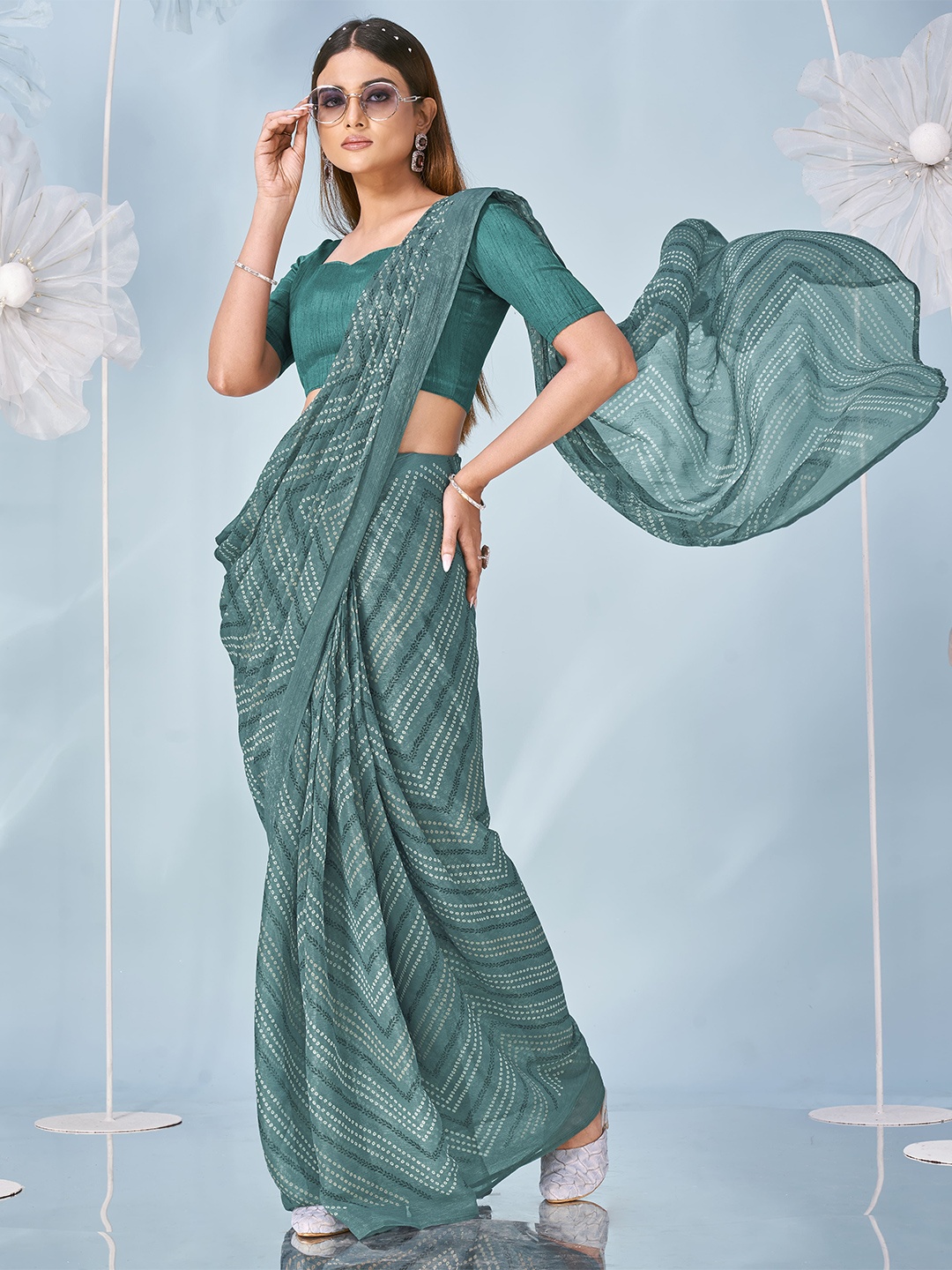 

AMOHA TRENDZ Bandhani Printed Pure Chiffon Ready to Wear Saree, Teal