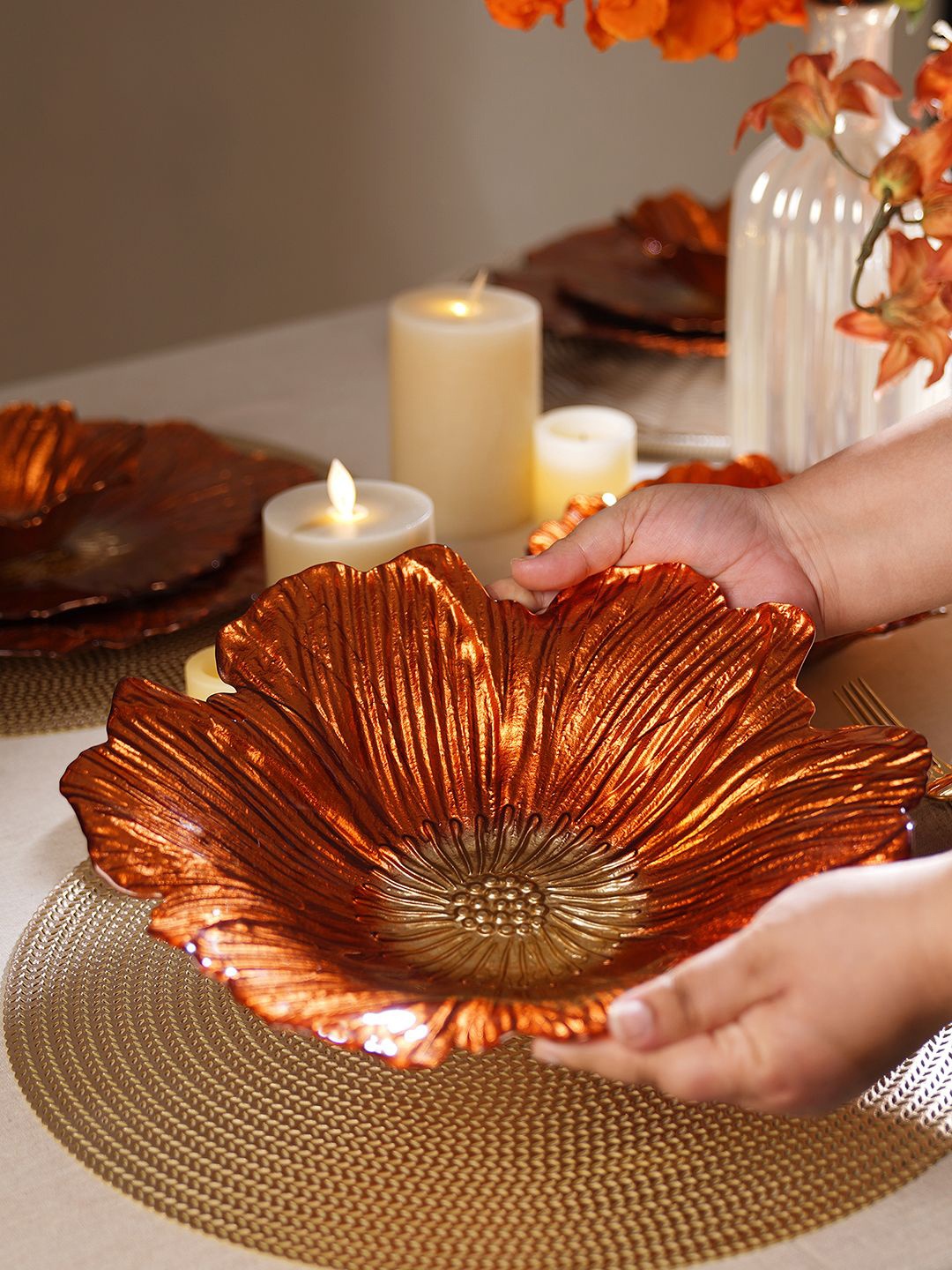 

Pure Home and Living Orange & Gold Toned Floral Shaped Glass Serving Bowl