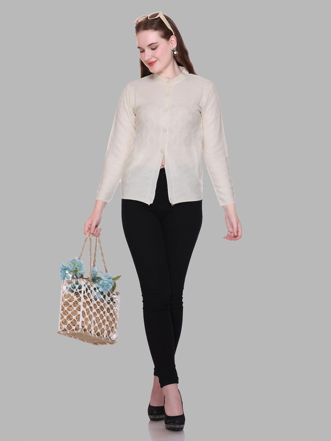 

Gouri Women Woollen Round Neck Cardigan, Beige