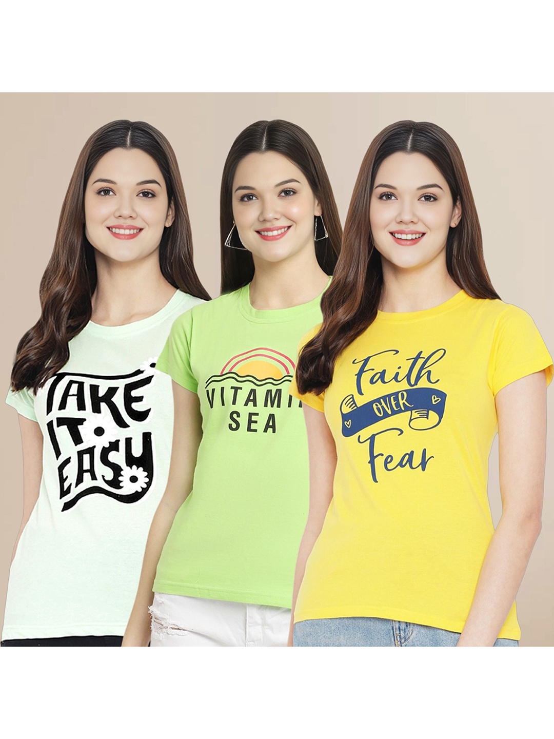 

Metronaut Women Pack Of 3 Typography Printed Round Neck Cotton T-shirts, Green