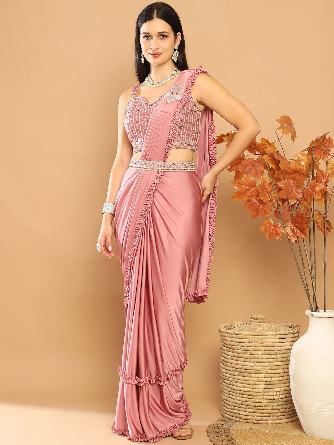 

Mitera Beads and Stones Ready to Wear Saree, Mauve