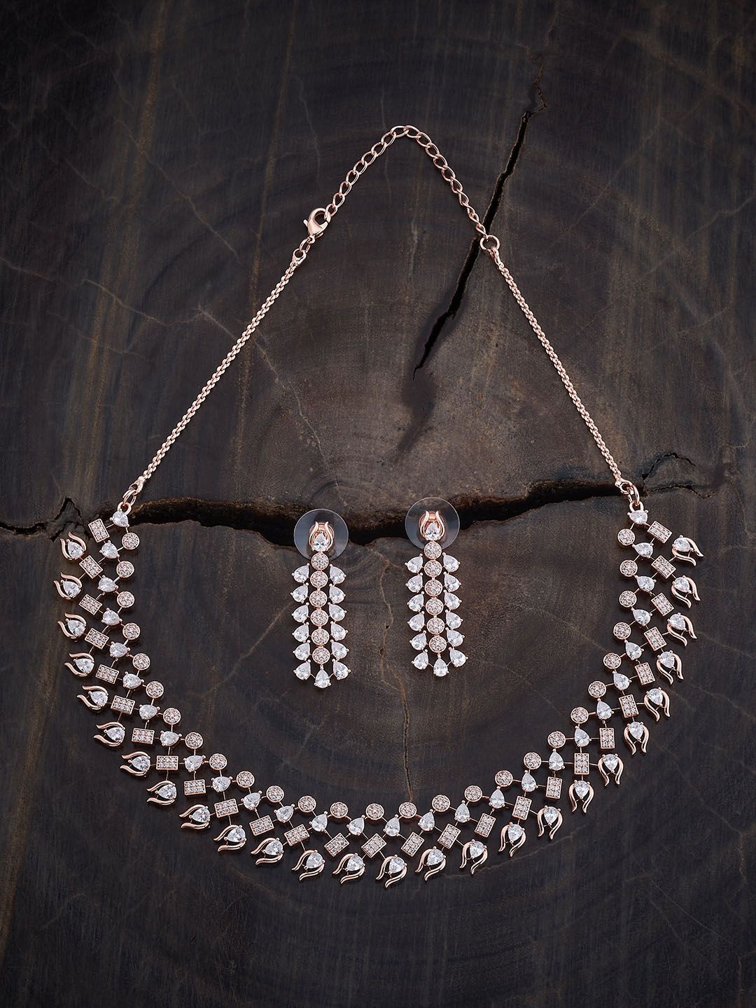 

Kushal's Fashion Jewellery Rose Plated CZ Stone Studded Necklace & Earrings, White
