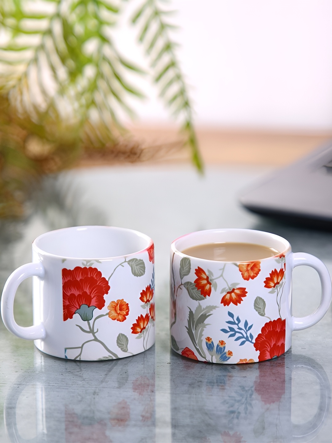 

PENTADECO White & Red 2 Pieces Floral Printed Ceramic Glossy Mugs