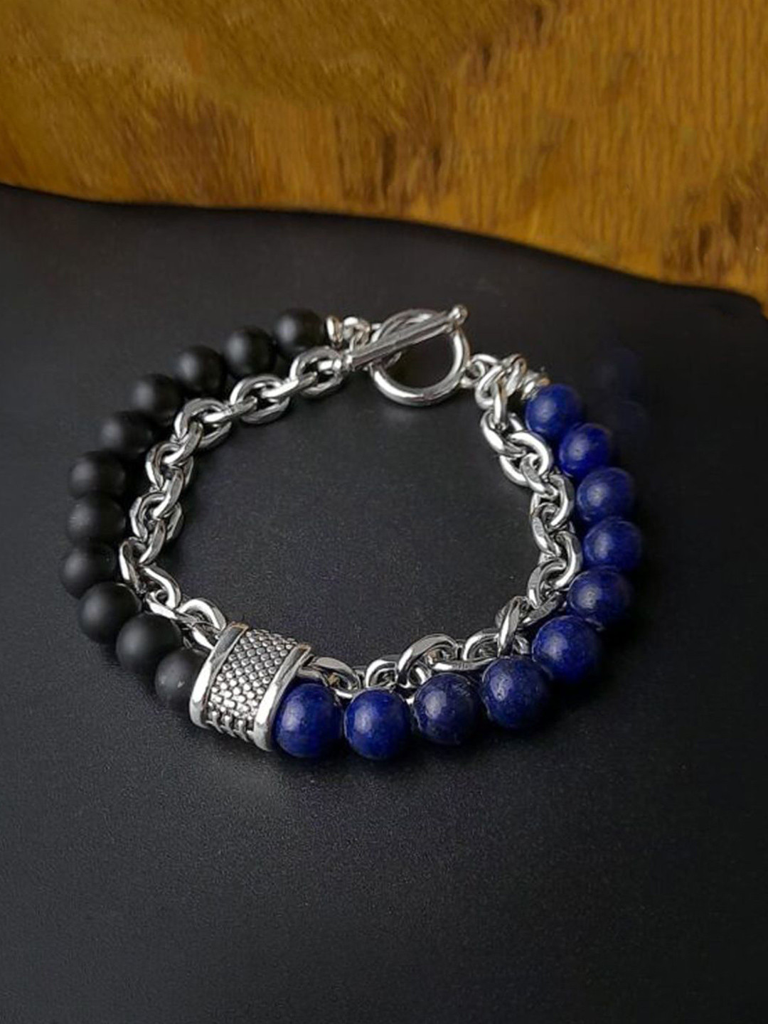 

Jewels Galaxy Men Silver-Plated Beaded Elasticated Bracelet