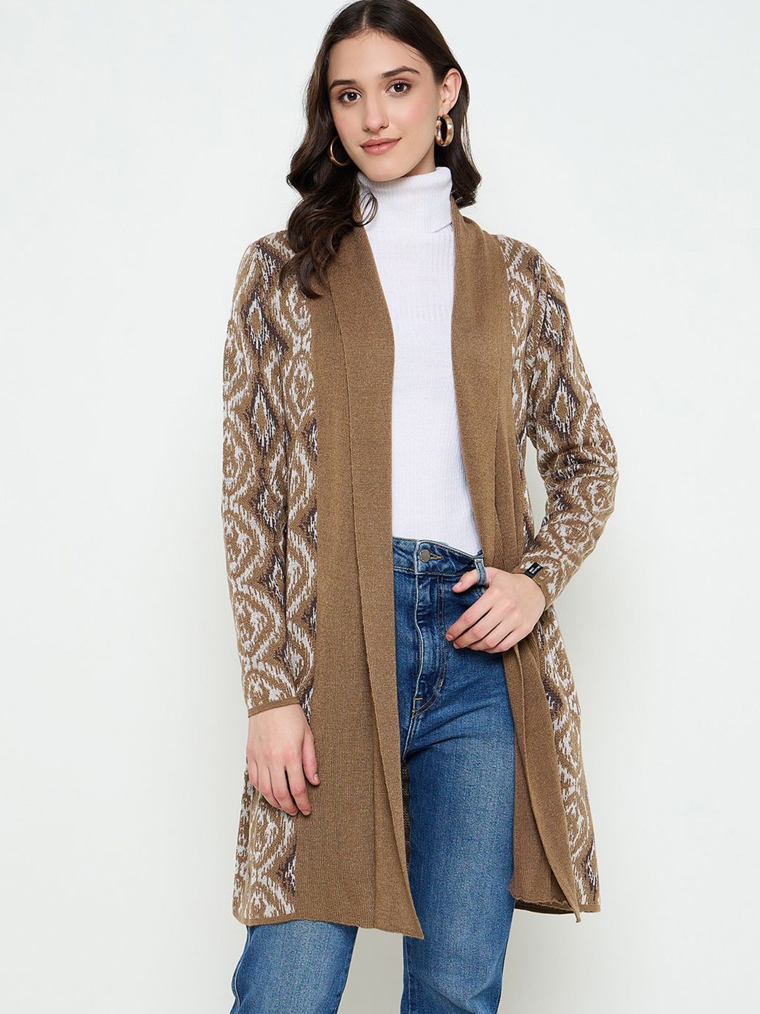 

CREATIVE LINE Geometric Self Desgin Longline Woollen Open Front Shrug, Beige