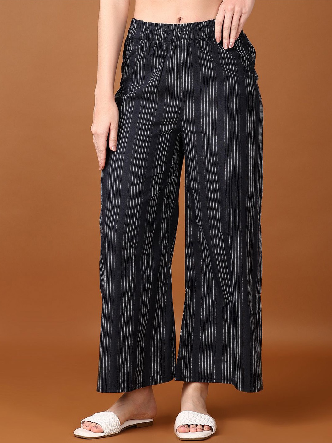 

V-Mart Women Striped Wide Leg Cotton Palazzos, Navy blue