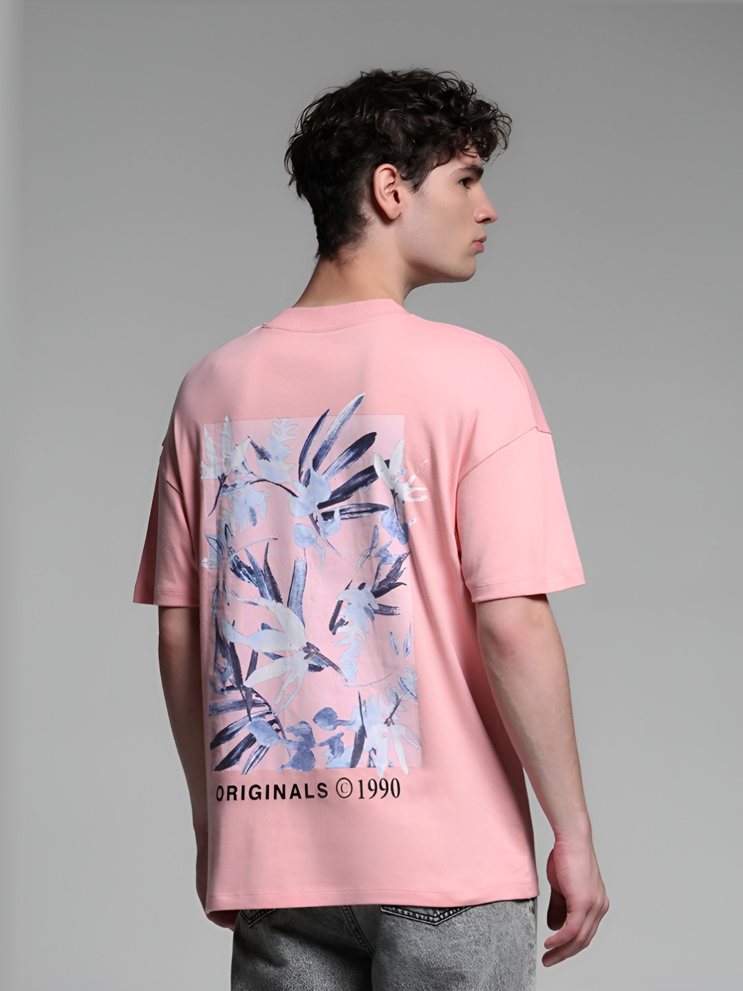 

Jack & Jones Men Graphic Printed Round Neck Cotton Oversized T-shirt, Pink