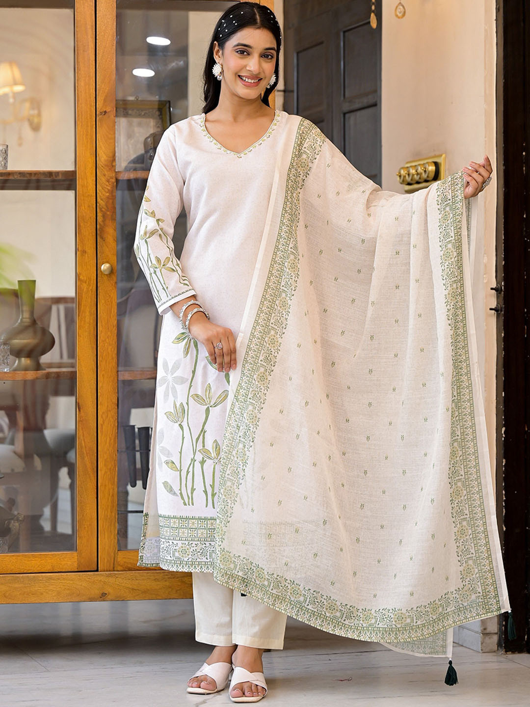 

all about you V-Neck Floral Printed Linen Kurta with Trouser & Dupatta, Cream