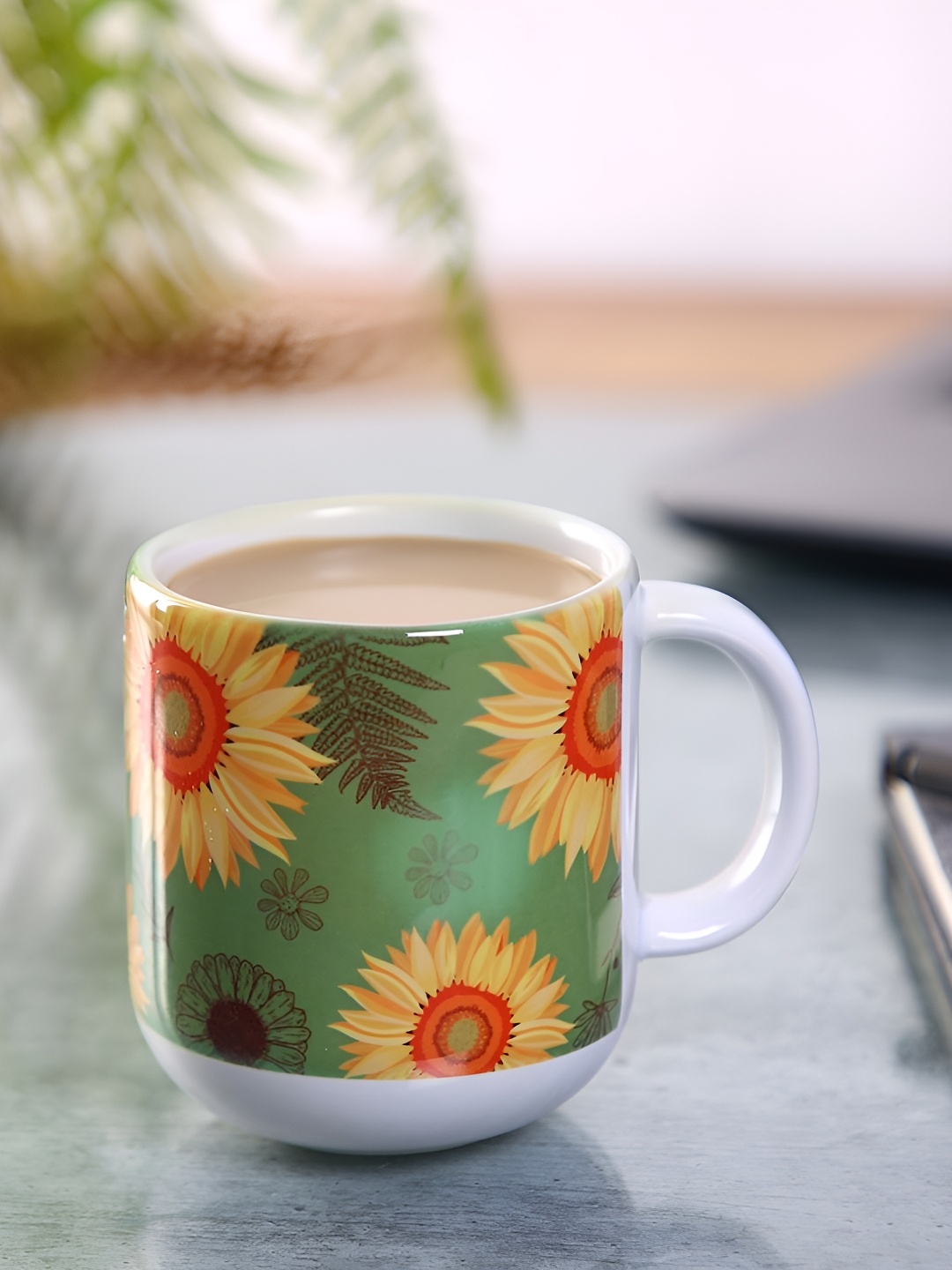 

PENTADECO Green & Yellow Floral Printed Ceramic Glossy Mug