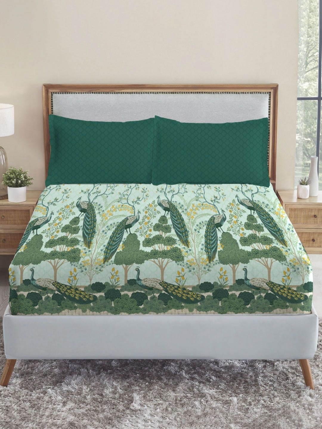 

MYTRIDENT Classic Folklores White Floral 210 TC Cotton King Bedsheet Set-2.74 m X 2.74 m, Teal