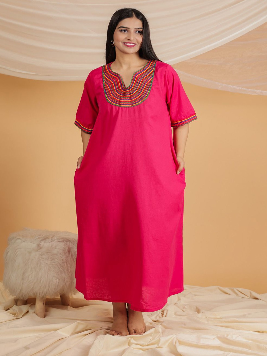 

THE SAFFRON SAGA Women Short Sleeves Embroidered Night Dress, Pink