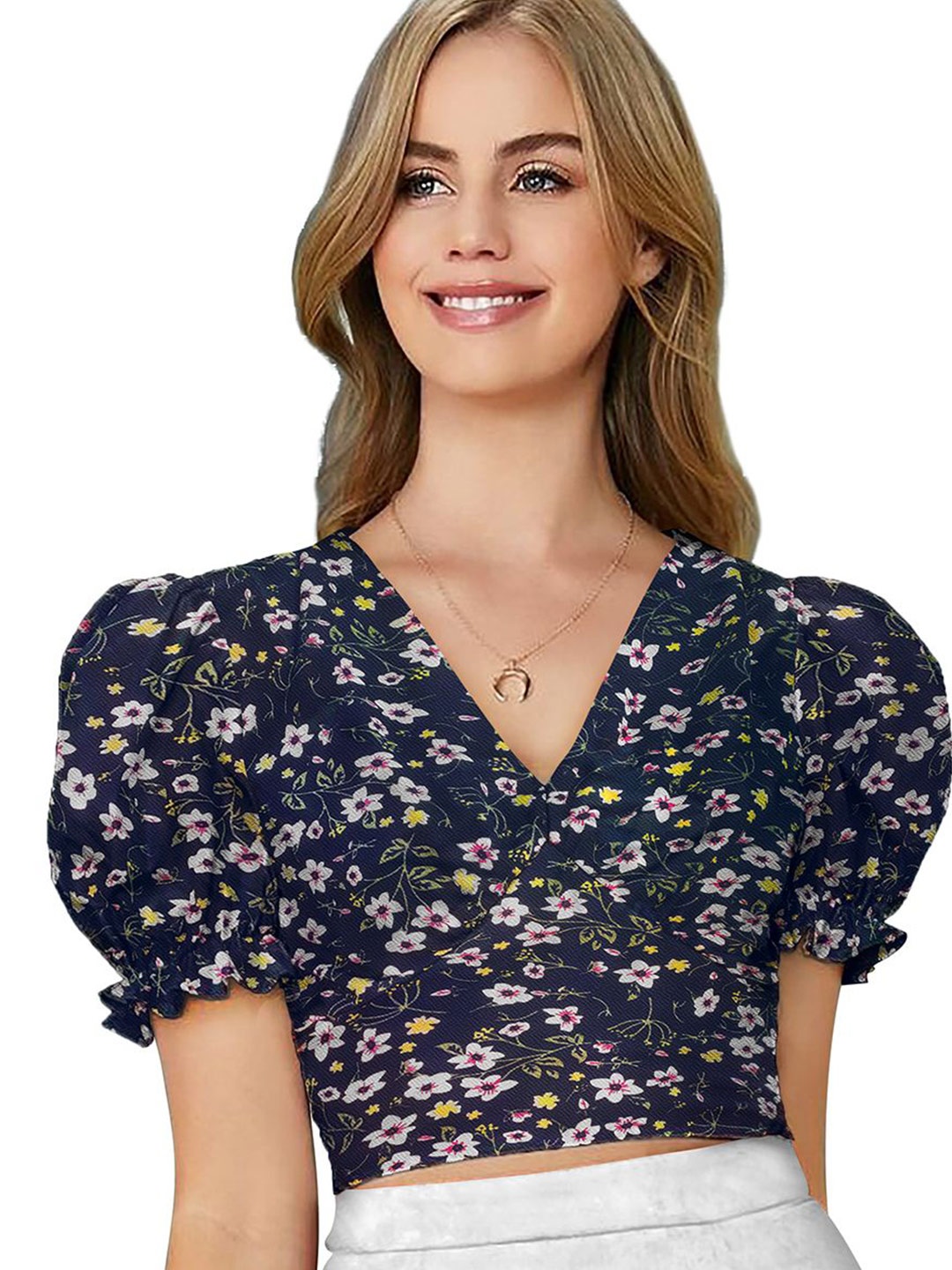 

Sitanjali Floral Print Puff Sleeve Top, Blue