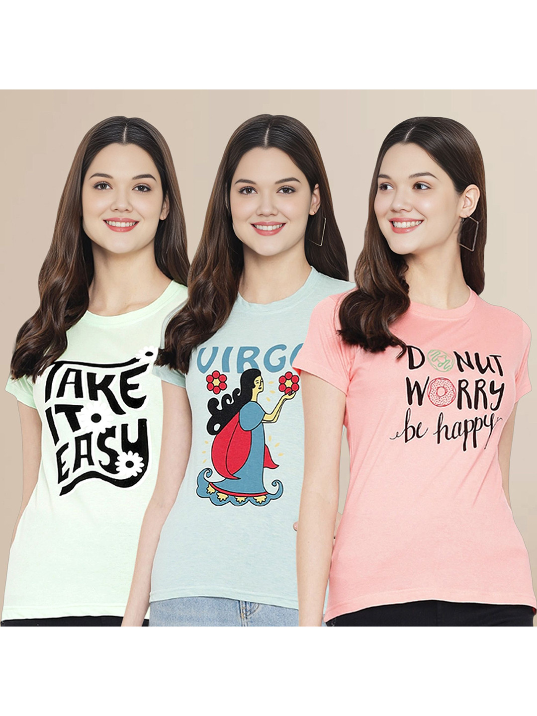 

Metronaut Women Pack Of 3 Typography Printed Round Neck Cotton T-shirts, Lime green