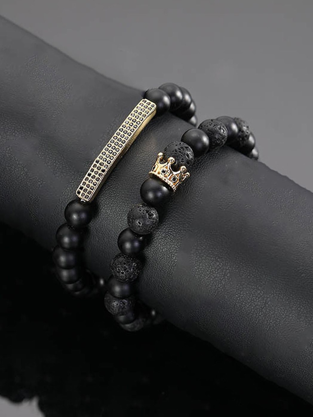 

Jewels Galaxy Men Set Of 2 Silver-Plated Beaded Elasticated Bracelets, Black