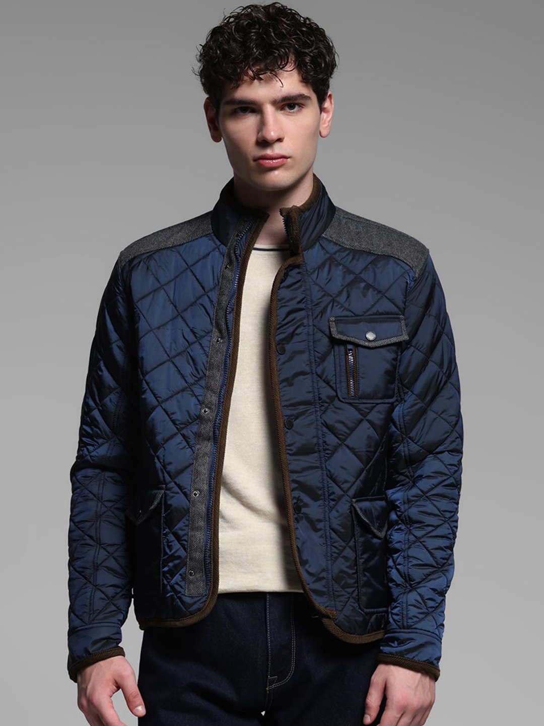 

Jack & Jones Men Mock Collar Solid Casual Quilted Jacket, Navy blue